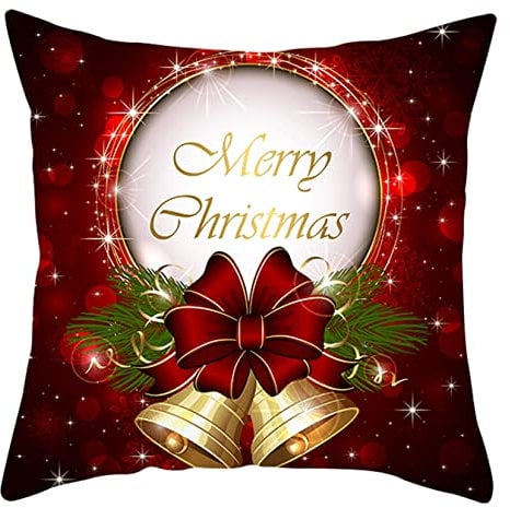 AMDXD 45x45CM Kissenbezüge, Zierkissenbezüge in Polyester mit Merry Christmas Weihnachtsglocke Band Muster Weich Bequem, Quadratische Kissenhülle für Sofa Schlafzimmer, Rot, 45x45CM