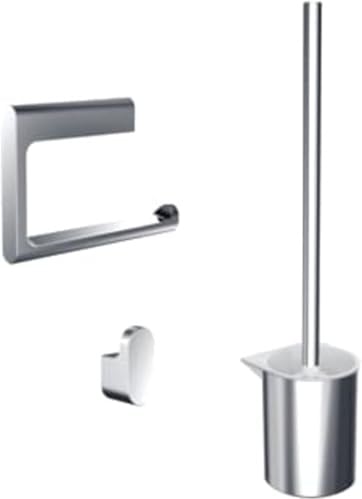EMCO Flow 3 in 1 Badacccessoire-Set mit WC-Bürstengarnitur, Doppelhaken & Toilettenpapierhalter ohne Deckel, Elegantes Badezimmer Set zur Wandmontage aus Metall, Chrom