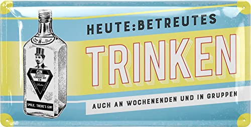 LANOLU Retro Blechschild Bar BETREUTES TRINKEN - Blechschilder Sprüche lustig - Gin Schild Bar Deko als Geschenk für Partyraum - vintage Metallschild für Bartheke, 17x34cm