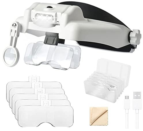 Headband Magnifier Glasses,Head Mount Magnifying Glass with Hands Free,1X to 14X Headband Magnifier Glasses with LED Light,Rechargeable Magnifying Glass for Close Work Reading Crafts Repair