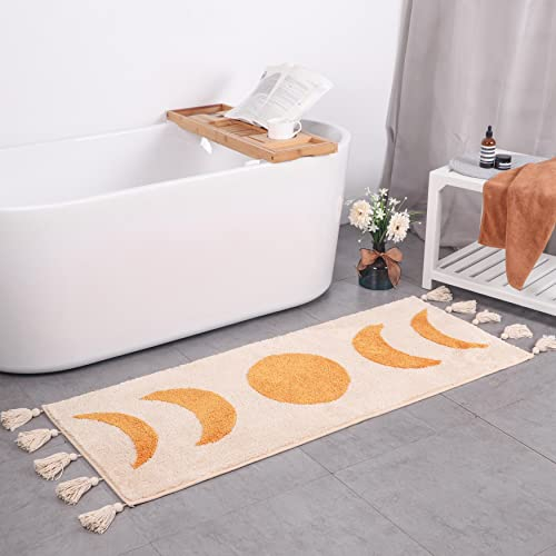 Boho Badezimmerteppich Läufer Mondphasen Badematte mit Quasten,Halbmond Böhmische Teppiche für Badezimmer, Schlafzimmer, juckende Dekor,Boho Area Rug Beige Neutral Creamy Orange 20x50