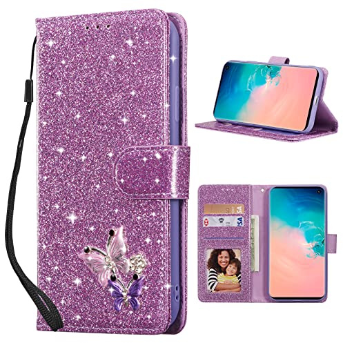 UEEBAI Klapphülle für Samsung Galaxy S10 5G, PU Lederhülle Glitzer 3D Schmetterling Flip Cover Standfunktion mit Kartenfach Schutzhülle Diamant Glänzende Geldbörse Handschlaufe Etui - Lila