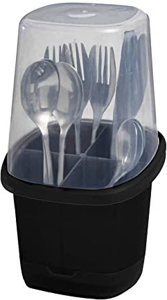 Toledo Covered Cutlery and Utensil holder, Flatware Plastic Caddy Organizer for Silverware with Cover top Perfect for Kitchen, picnic, home, BBQ, Party, Camping, Outdoor and Restaurant (Black)