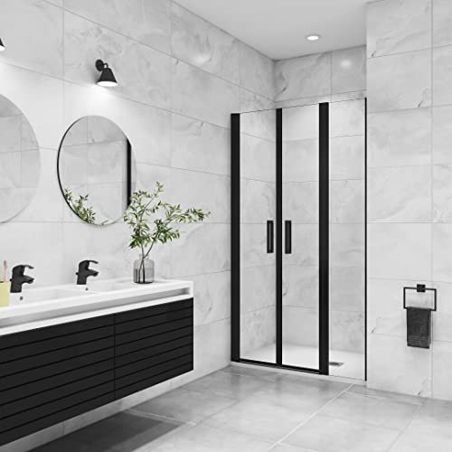 AICA Porte de douche battante 120x200cm avec un élément fixe, profilé noir mat, Porte de douche Hauteur 200cm en 8mm verre anticalcaire