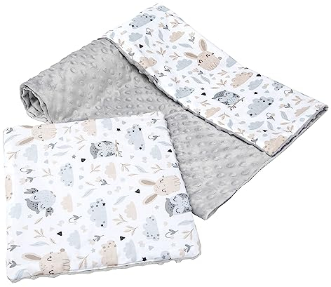 Medi Partners Babydecke Krabbeldecke mit Kissen 100% Baumwolle Minky Kinderdecke groß zweiseitig 75x100 + 35x30cm multifunktional für Bett Kinderwagen (Lichtung mit grauem Minky)