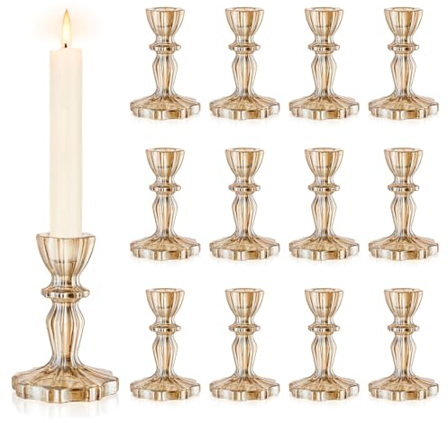 Inweder Glas Kerzenständer Vintage Kerzenhalter Stabkerze: 12 Stück Gold Stabkerzenhalter Kristall Kerzenständer Stabkerzen für Hochzeit Weihnachten Geschenk oder Heimdekoration
