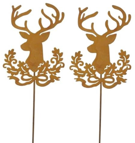 MACOSA PO631118-035-712__x2 Dekostecker Hirschkopf 2er Set Rost Metall rostig Dekostab Weihnachts-Dekoration Blumenstecker Winter-Deko Herbstdeko Winter Dekoration