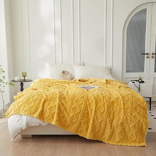 BlessLiving Sherpa Cable Knit Throw Blanket, Chunky Knitted Blanket Soft Cozy Warm Winter Fleece Throw Blankets for Kids Girls Women, Mustard Yellow, 70x100cm
