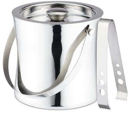 Relaxdays Cubitera Doble Pared, Acero Inoxidable con Tapa y Pinzas, Cubeta Hielo Picado o en Cubos, Asa, 1,5 L, Plateado, 15 x 15 x 15 cm