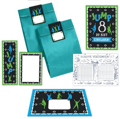 Minkocards 12 Einladungskarten zum 8. Kindergeburtstag Junge Mädchen Jump Trampolin achte Geburtstag incl. 12 Umschläge, 12 Tüten/petrol, 12 Aufkleber, 12 Lesezeichen, 12 Blöcke, 12 Schiffe versenken