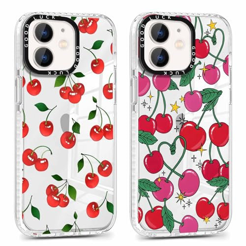 Foonary 2 Pack Transparent Phone Case Compatible with iPhone 12/iPhone 12 Pro 6.1, Slim Fit Soft Silicone with Cherry Design Aesthetics Pattern, Shockproof Bumper Protector Matte Cover for iPhone 12