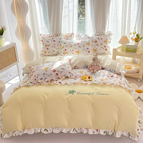 GETIYA Romantisch Rüschen Bettwäsche 135x200 4Teilig Weiß Gelb Bettwäsche Blumen Blümchen Bettbezug Mikrofaser Damen Mädchen Bettwäsche Floral Muster mit 2 Reißverschluss Kissenbezug 80x80