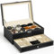 mepure Watch Box, Leather Jewellery Watch Box for Men Women, 6 Slot Watch Case & 3 Slot Sunglasses Organiser, 2 Layers Lockable Watch Holder with Glass Lid for Earrings, Rings, Bracelets (Beige)