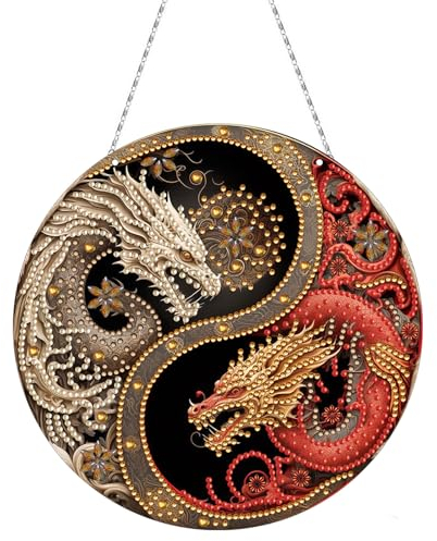 CXINLky DIY Diamond Painting Yin Yang Anhänger mit Kette, Diamant Painting Fensterbilder, Kreatives 5D Diamond Malerei Wandbehang Kits für Fenster Wand Eingang Garten Decor-04-Drachen