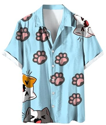 Herren Kurzarm Modisches süßes Katzen-Sommerhemd für Männer T Shirt Herren Ohne Aufdruck (Sky Blue-2, M)