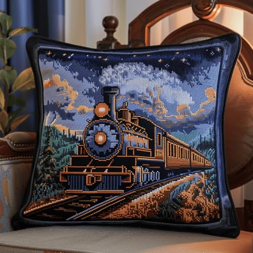 RKFLGEW DIY knüpfen set Cartoon-Zug knüpfstern Fantasielandschaft DIY-Kissenbezug,Häkelgarn,Nadel,Basteln,handgefertigtes Kissen für Zuhause,Sofa-Dekoration 43x43cm