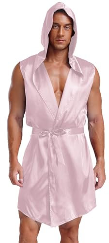 Hedmy Peignoir Avec Capuche Et Ceinture Homme Satin Kimono Peignoir De Bain Sans Manche Chemise De Nuit Rose XL