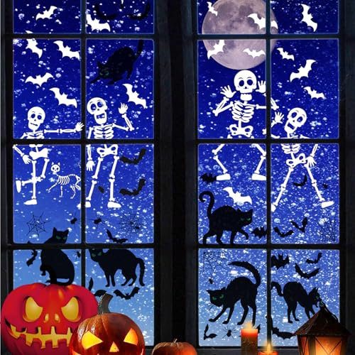 JSTHHTT 10 Hojas Pegatinas de Halloween, Calcomanías para Ventanas de Halloween, Decoraciones de Halloween Murciélagos, Arañas, Esqueletos y Gatos Negros