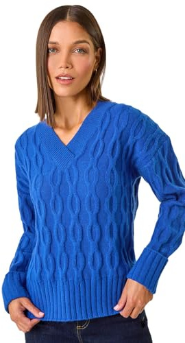 Roman Originals V-Neck Cable Knit Jumper for Women UK - Ladies Everyday Autumn Winter V-Neckline Comfy Soft Evening Vacation Work Party Night Out