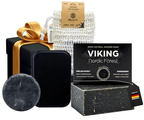 MEDUNA VIKING-Bundle für Männer 4-teilig - Körperpflege Geschenkset mit Seifendose, Peeling-Seife, Shampoo & Sisalsäckchen - Handmade Soap - Bio-Kokosöl & Shea Butter Männerpflege - Naturseife