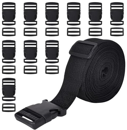 5M Polypropylen Gurtband 25mm mit 10 Paare Schnallen und Verschlüsse, Einstellbare Kunststoff Steckschnalle, Klickverschluss für DIY Handwerk Rucksack Umreifung Tasche Gurtband Gepäck Befestigung