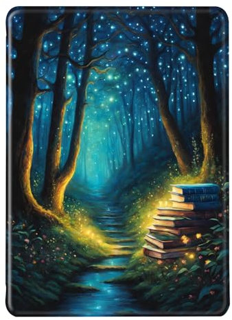 Hülle für Kindle Paperwhite 12. Gen 2024 Hülle Flip Silikon Hülle Kindle Colorsoft Auto Aufwachen oder Schlafen PU TPU Case Wald Glühwürmchen Buchhaus Muster Signature Edition Hülle 7 (Color 1)