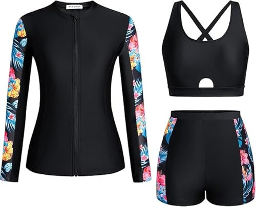 Kate Kasin Women's Floral Print Rash Guard Set Long Sleeve Zip Up Jacket Crop Top Boyshort Swimsuit Black-red Blue Floral M