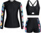 Kate Kasin Women's Floral Print Rash Guard Set Long Sleeve Zip Up Jacket Crop Top Boyshort Swimsuit Black-red Blue Floral M