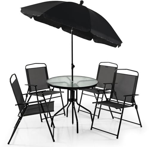 Ensemble bistrot avec parapluie, 4 chaises pliantes et table ronde en verre, mobilier de conversation (parasol noir + gris)