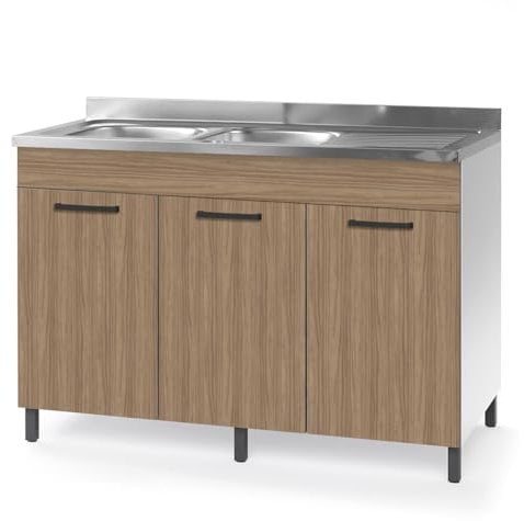 REDÒKASA Sottolavello per cucina componibile da 120 cm con tre ante, realizzata in legno 100% MADE IN ITALY (Con Lavello Vasche a Sinistra, Noce)