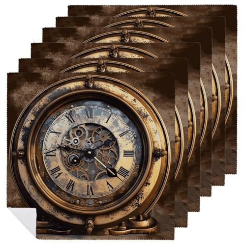 Steampunk-Uhr-Stoffservietten, Cocktail-Servietten, Abendessen, Servietten, Tuch, Hochzeit, Party, Getränkeservietten, Tischservietten, Stoffservietten, waschbar, 6 Stück