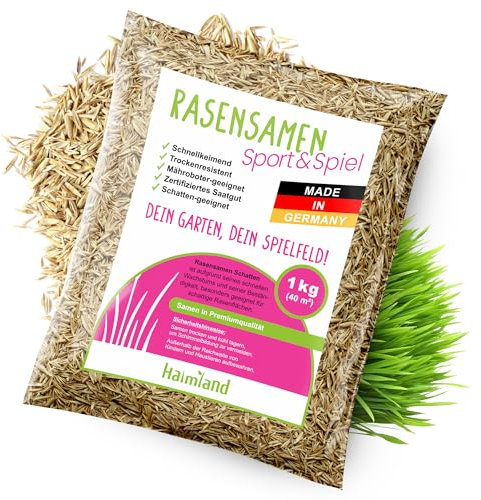 halmland® Rasensamen schnellkeimend 1kg für 40m² - strapazierfähiger Sport-und Spielrasen - Grassamen trockenresistent Sommer - aus Deutschland - Nachsaat, Rasensaat