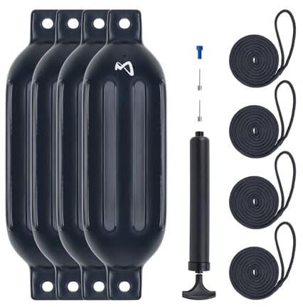 Mesle Fender Boot Dura 4er Set mit Leine & Pumpe, ø 16 cm | 58 cm lang, Langfender aufblasbar, Bootsfender, Fender Schiff Yacht Schlauchboot