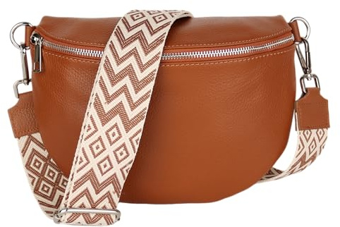 MIRROSI Damen Bauchtasche aus Echtleder, Made in Italy. Als Umhängetasche, Brust- oder Schultertasche tragbar, 26x20x8 cm, Reißverschlussfach hinten. (Cognac: Boho)