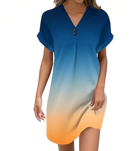 Robe Femme Ete Chic Elegant Tunique Robe avec Boutons Manches Courtes Col V Casual Dégradé Robes Ample de Plage Grandes Tailles Dress Bleu S
