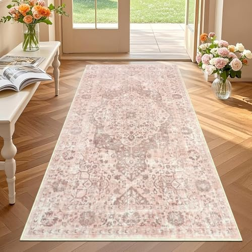 TUKDAK Rosa Orange Vintage Teppich Läufer Flur 80x150 cm, Teppichläufer für Flure rutschfest, Waschbar Kurzflor Küchenläufer, Küchenteppich für Flur Waschküche Eingang Wohnzimmer