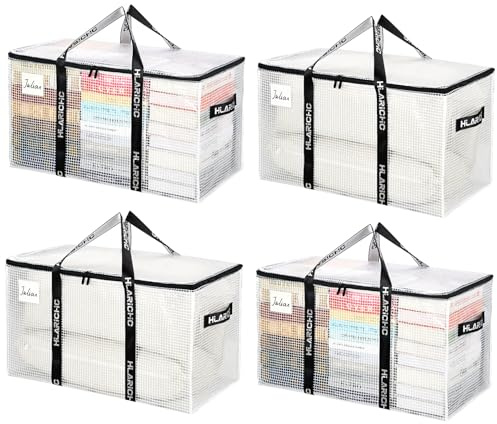 Hilarichic Heavy Duty Moving Bags 97L - Extra Large Storage Bags for Clothes with Strong Zipper & Comfortable Handles, Packing Boxes for Moving House, College Dorm, 4 Pack, Clear, Virgin PE Material