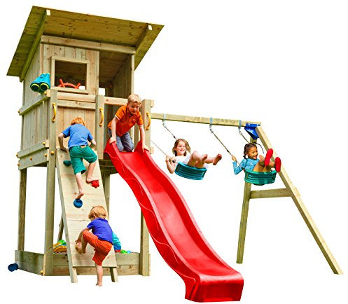 Blue Rabbit 2.0 Spielturm BEACH HUT mit Rutsche 2,30 m oder 2,90 m inkl. Wasseranschluss, Kletterwand mit Klettersteinen, Doppelschaukel - Kletterturm, Stelzenhaus