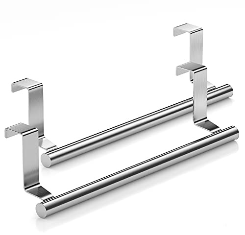 Mosuch Stainless Steel Over Door Towel Rack Bar Holders for Universal Fit on Over Cabinet Cupboard Doors 2 Pack (Sliver)