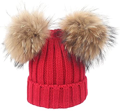 feifanshop Damen Wintermützen Strickmütze Echtfell Waschbär Fell Pelz Bommel Mütze Bommelmütze Beanie Warme Cap Rot