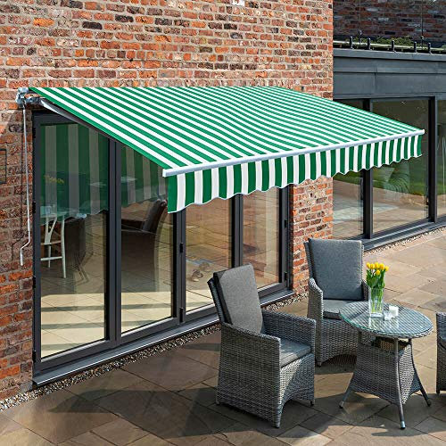 Primrose 3.5m Electric Awning - Green and White Mayfair DIY Patio Awning Gazebo Canopy Anti UV Waterproof Complete with Fittings and Winder Handle