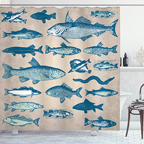 ABAKUHAUS Fisch Duschvorhang, Vintage Meeresfrüchte Strand, Stoffliches Gewebe Badezimmerdekorationsset mit Haken, 175 x 180 cm, Beige Mehrfarbig