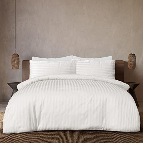 Sleepdown Soft Hotel Quality 225 THREAD COUNT COTTON Satin Stripe Duvet Cover Set With Pillowcases in White Colour (King)