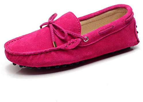 Jamron Mujer Clásico Gamuza Corbata de Moño Loafers Comodidad Hecho a Mano Pantuflas Mocasines Fucsia 24208-2 EU41