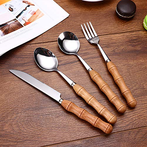 Mixed Cutlery Sets Creative Bamboo Wooden Handle Western Steak Cutlery Set Beech Wood Stainless Steel Wooden Handle Cutlery Stainless Steel Cutlery 5pCS, Fork