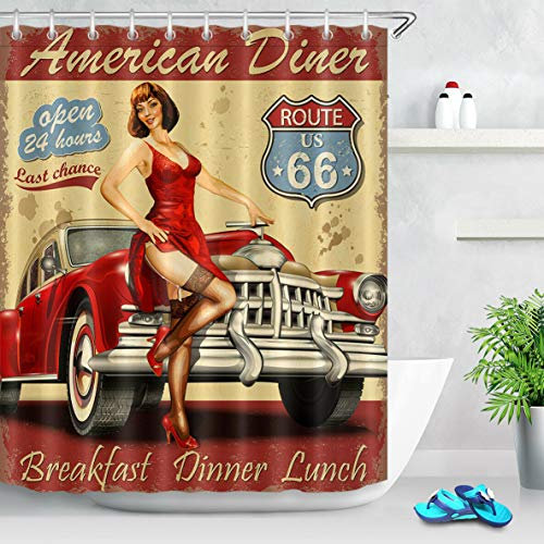 Nyngei Rideau de douche en tissu Motif American Diner Route 66 vintage 183 x 183 cm
