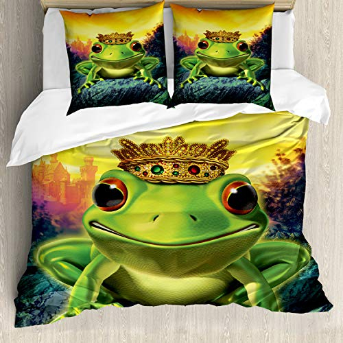 ABAKUHAUS Tier Bettbezugs Set Für Doppelbetten, Frosch-Prinz mit Krone, Milbensicher Allergiker geeignet mit Kissenbezügen, Grün Orange