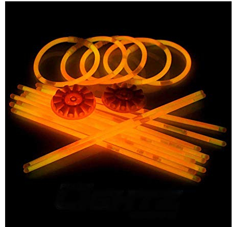 Power Lightz 100 Stück 20cm Knicklichter/Armbänder inkl. 100 x 3D-Verbinder, 2 x Ball- und Flexverbinder in Orange für Party, Disco, Festival oder Fasching