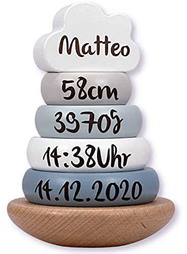 Label Label Stapelturm blau - personalisierbar I Geschenk zur Geburt & Taufe I Handmade Baby Holzspielzeug I Personalisierte Geschenke Baby I Label-Label I Stapelspiel mit Name & Geburtsdaten