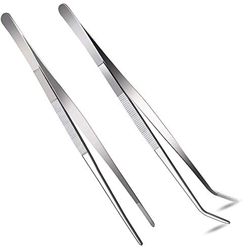 Lot de 2 pinces à épiler droites et incurvées en acier inoxydable de 30,5 cm avec embouts dentelés et poignée nervurée confortable pour jardin, cuisine, intérieur et extérieur